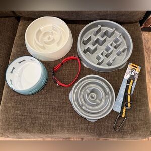 Lot of puppy/dog supplies includes slow feeding bowls, collar & seatbelt harness